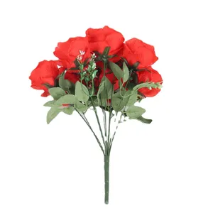 French artificial red rose bouquet, 10 heads silk flowers for wedding and party decoration.