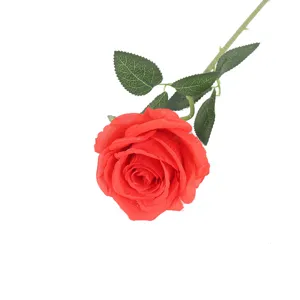 Single red silk artificial rose flower for home and wedding floral decoration display