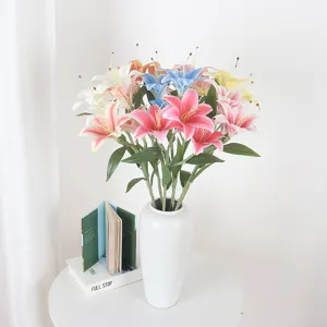 Realistic 3D Printed Three-Head Lily Artificial Flowers Film Lily Stem For Home Hotel Wedding Decoration Table Accent Floral Arrangement Display Arrangement
