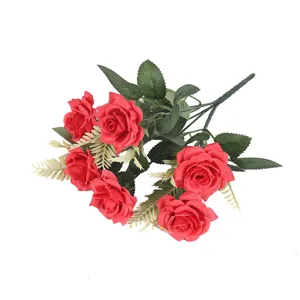 Bouquet di rose rosse artificiali a 6 teste per decorazione tavola e composizione floreale.