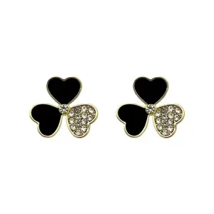 Elegant three-leaf flower stud earrings featuring black enamel hearts and pavé crystals