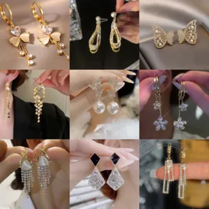 Vintage Korean Alloy Rhinestone Stud Earrings For Women Elegant Artificial Pearl Tassel Bow Flower Drop Earrings Fashion Jewelry