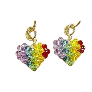 Exquisite rainbow colorful faceted bead heart-shaped drop earrings with gold hooks