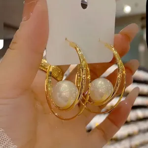 Pendientes de Perlas de Doble Círculo Elegantes de Estilo Vintage Francés Joyería de Diseño Geométrico Único para Mujer