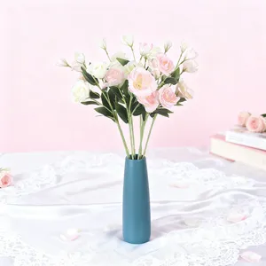 Elegant 4-head artificial Lisianthus bouquet in blue vase for Nordic home decor