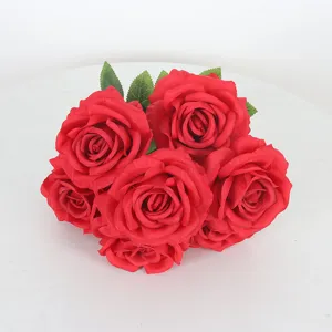 Artificial red rose bouquet, 7-head silk flowers for home wedding party and holiday decoration.