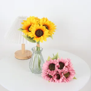 Bouquets de tournesols artificiels à 6 têtes jaunes et roses pour décoration florale