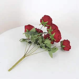 Ramo de rosas rojas artificiales de 7 cabezas para decoración floral de bodas y hogar