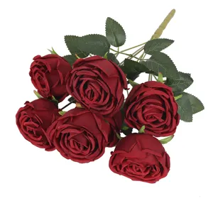 Ramo de 7 rosas rojas artificiales para bodas y decoración