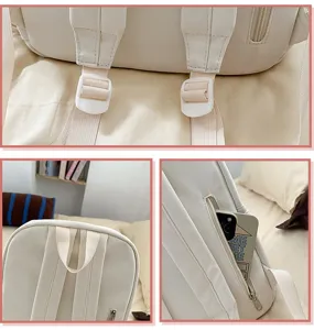 Japanese style minimalist white student backpack detail shot large capacity school bag