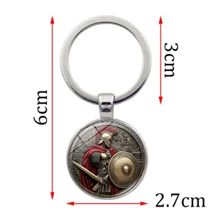 Gedetailleerde afmetingen van de vintage Griekse Spartaanse strijder metalen sleutelhanger.