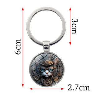 Vista dettagliata del portachiavi gatto steampunk con misure di 6cm di lunghezza