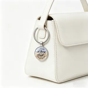 Close-up of Bible verse keychain Phil 4:13 hanging on a white luxury handbag