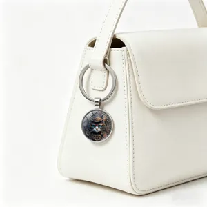 Portachiavi con gatto steampunk e ingranaggi vintage su borsa in pelle bianca moda