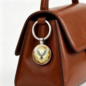 Close-up of a peace dove halo keychain pendant displayed on a brown leather bag detail