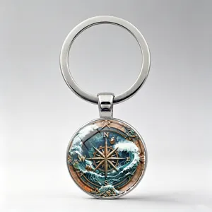 Vintage Nautical Compass Keychain Glass Cabochon Zinc Alloy Retro Sailboat Sea Wave Key Ring Bag Charm Pendant Ornament