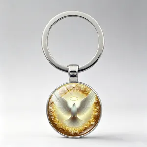 Peace Dove Holy Spirit Halo Keyring Time Gem Zinc Alloy Glass Cabochon Keychain Pendant For Car Bag Ornament Gift