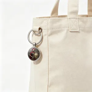 Close-up van een vintage Spartaanse krijger hanger sleutelhanger aan een canvas tas