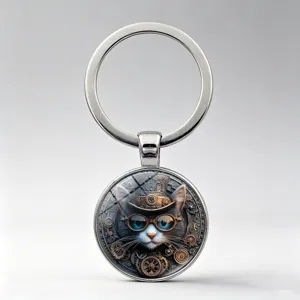 Portachiavi Gatto Steampunk Vintage Ingranaggi Cappello Occhiali Gatto Gemma del Tempo Lega Vetro Anello Portachiavi Pendente Borsa