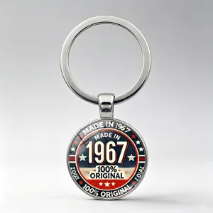 American Retro Made In 1967 Year Anniversary Keychain Metal Zinc Alloy Glass Round Pendant For Car Bag Key Ring Commemorative Gift