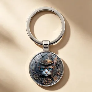 Portachiavi gatto steampunk vintage con cappello a ingranaggi e occhiali in cabochon.