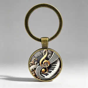 Close-up of vintage music keychain featuring a treble clef and piano keys design
