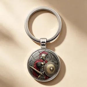 Gedetailleerd overzicht van vintage spartaanse krijger cabochon sleutelhanger metaal