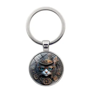 Portachiavi gatto steampunk vintage con dettagli di ingranaggi e design a cilindro