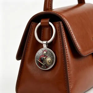 Vintage Spartaanse krijger metalen sleutelhanger aan een mooie bruine leren handtas