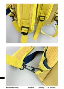 Detail of durable plastic buckles and adjustable yellow straps on camping storage bag