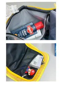 Detail of waterproof travel storage bag showing internal compartments and mesh pocket