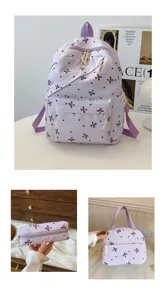 Juego de mochila morada de 3 piezas con bonitos patrones de lazos, bolso escolar grande.