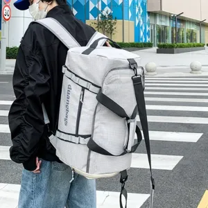 Large capacity duffel bag for travel and outdoor camping shown as a backpack