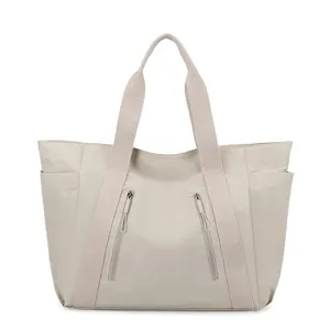 Grote beige stoffen tote tas voor vrouwen casual schoudertas handtas weergave voorzijde.