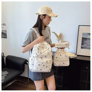 Conjunto de mochila de lona de 3 piezas para mujer estudiante bolso escolar gran capacidad lazo lindo