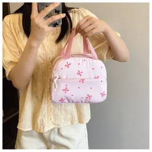 Bolso de almuerzo rosa lindo lazo imprimir bolso tote térmico contenedor de alimentos