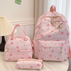 Juego de Mochila de Nailon Estampado de Lunares con Lazo Con Bolso de Mano y Estuche Dulce Estilo Preppy Mochila Escolar Gran Capacidad Mochila de Viaje para Estudiantes Adolescentes