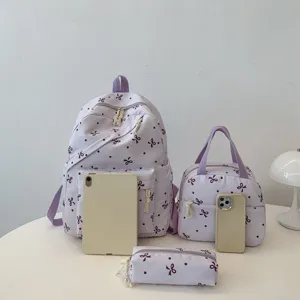 Conjunto de mochila morada bonita con estampado de lazos, gran capacidad escolar diaria