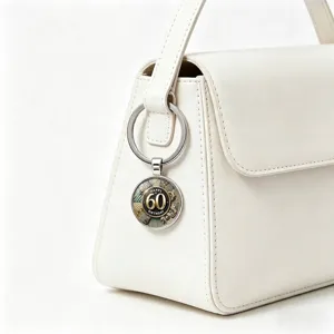 Close-up detail of a 60th birthday glass cabochon keychain on a white leather bag