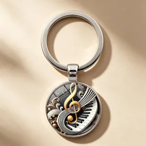 Elegant vintage music theme keychain featuring piano keys and golden treble clef design