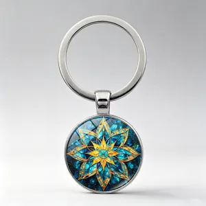 Vintage Mandala Eight-Pointed Star Time Gem Keychain Alloy Glass Cabochon Retro Blue Gold Pattern Key Ring For Bag Car Decoration Men Women