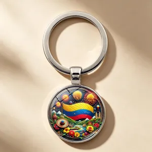 Macro view of Colombia flag keychain with fireworks and mountain landscape detail