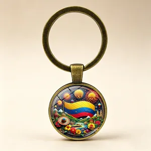 Close-up detail of a retro metal keychain with Colombian flag and fireworks illustration