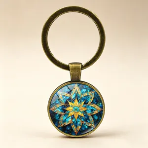 Close-up of vintage blue and gold mandala keychain with octagram stained glass design