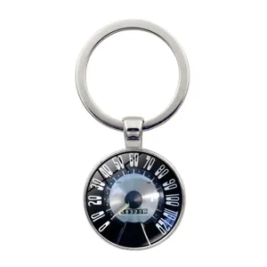Retro car speedometer keychain with a vintage round glass cabochon dial pendant accessory
