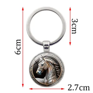 Vintage embossed horse head glass gemstone keychain with detailed 6cm x 2.7cm dimensions