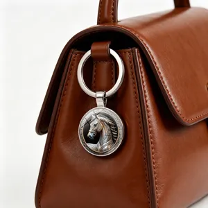 Close-up of a vintage relief horse keychain hanging on a brown leather bag strap charm.