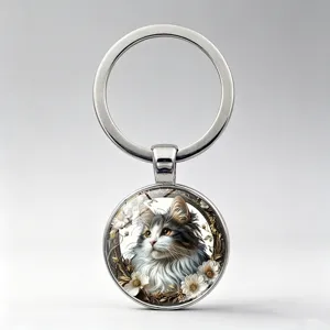 Cute Cat Time Gem Keychain Double-Sided Glass Cabochon Zinc Alloy Metal Key Ring Bag Charm Pendant Decoration Gift