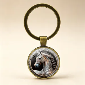 Detailed view of vintage bronze keychain featuring a 3D embossed horse head design