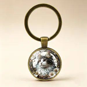 Antique bronze metal keychain with a detailed fluffy cat and floral art pendant